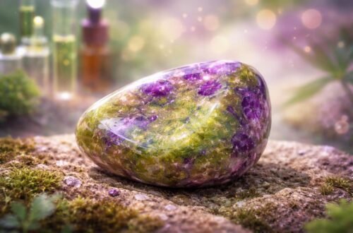 Atlantiszit ásvány zöld-lila árnyalatban, nyugtató és spirituális hangulatú, vizuális illusztráció