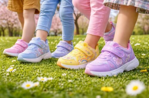 Vidám tavaszi gyerekcipő a réten játszó gyerekekkel és színes mintákkal